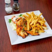 Grilled Chicken Platter · Cooked on a rack over a grill. Served with a choice fries, rice or lemon potatoes.