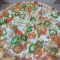 8. Spicy Chicken Pizza · Chicken, fresh tomato, onion, jalapeno, mozzarella,  and homemade marinara sauce.