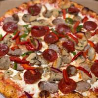16. All Dressed Pizza · Pepperoni, meatball, sausage, mushroom, green pepper, red onion, fresh garlic, mozzarella an...