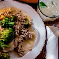 Chicken Piccata · Lightly breaded, pan seared chicken breast served with house made spätzle, broccoli spears a...