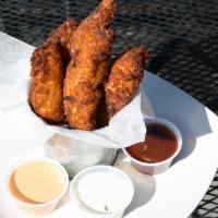 Chicken Strips · Buttermilk soaked and panko encrusted. Served with BBQ sauce, chipotle aioli, and buttermilk...