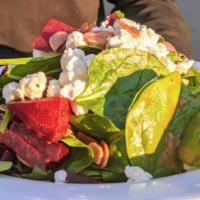 Roasted Beet & Goat Cheese Salad · Baby Spinach, Roasted Beets, Goat Cheese, Toasted Almonds, Balsamic Vinaigrette