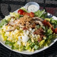 Cobb Salad · Romaine, Grilled Chicken, Bacon, Tomato, Cucumber,  Hard Boiled Egg, Blue Cheese Crumbles,  ...
