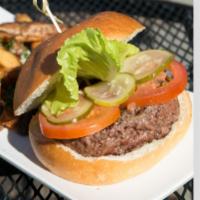 Classic Burger · Classic Grilled Beef Burger w/ Lettuce, tomato, &  house made pickles. With your choice of s...