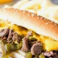 Cheese Steak Sandwich · Sauteed Beef w/ Onions & peppers w/ Melted Cheese on a fresh baked roll from Brooklyn's Pais...