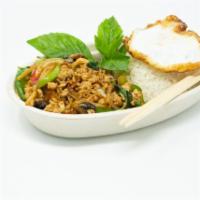 Lao Spicy Basil · Minced chicken stir fried with bell peppers, onions, sweet basil, mushroom, and bamboo shoot...