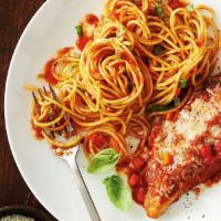 Spaghetti Chicken Parmesan  · Our Secret recipe Pasta Sauce, Breaded Chicken Parm With Freshly Made Spaghetti And Topped O...