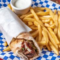 Chicken Kebab Sandwich · Served with french fries.