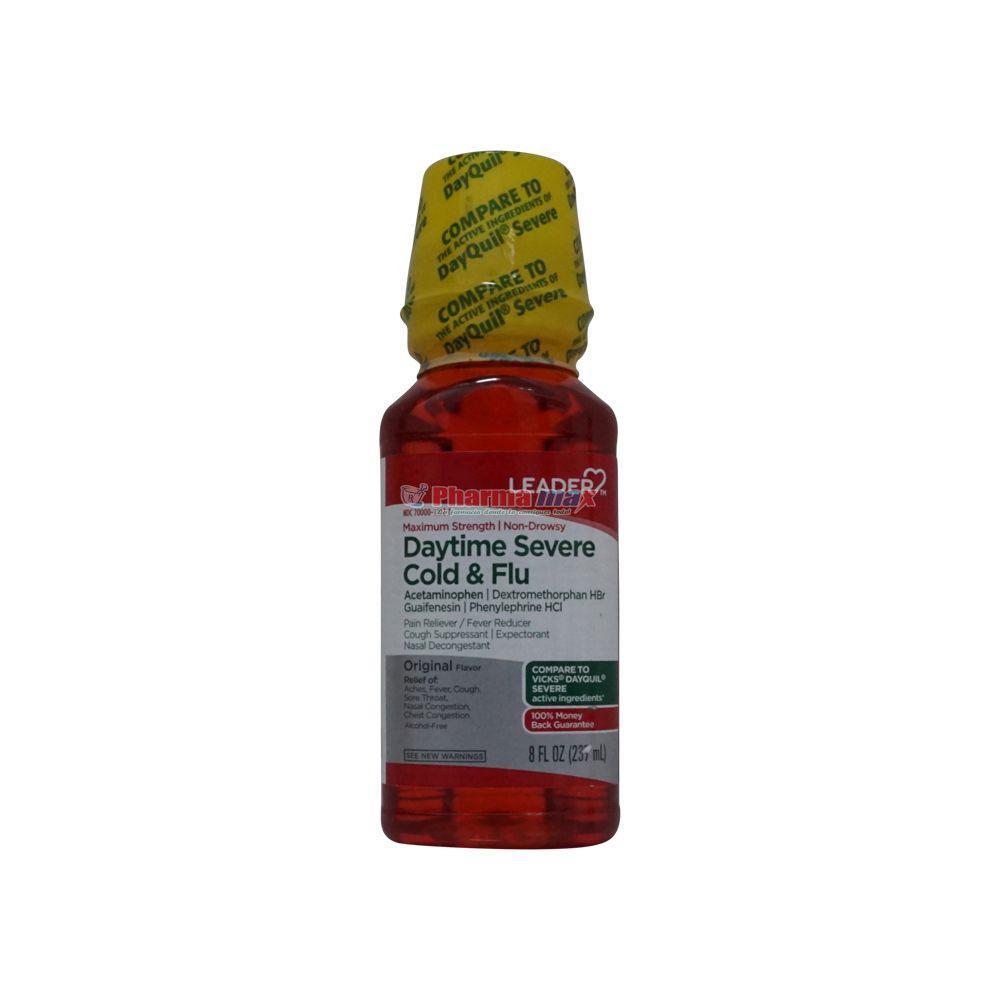 Leader Daytime Severe Cold & Flu  · These Cold & Flu Severe Daytime Maximum Strength Caplets temporarily relieve common cold and flu symptoms such as cough, minor aches and pains, headache, fever, runny nose and sneezing, and sore throat.