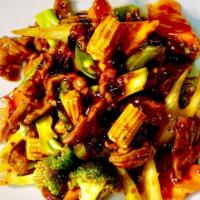 Hunan Chicken or Beef or Shrimp or Roast Pork Combination Plate · hot & Spicy