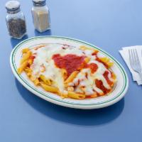 Baked Ziti · Penne pasta, tomato sauce and melted mozzarella cheese 