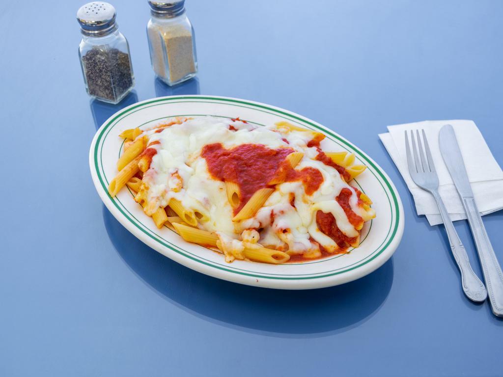 Baked Ziti · Penne pasta, tomato sauce and melted mozzarella cheese 