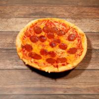 Pepperoni Pizza · Red sauce, seitan pepperoni and vegan cheese.