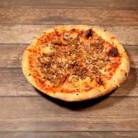 Sausage and Mushrooms Pizza · Red sauce, house-made seitan sausage, cremini mushrooms and vegan cheese.