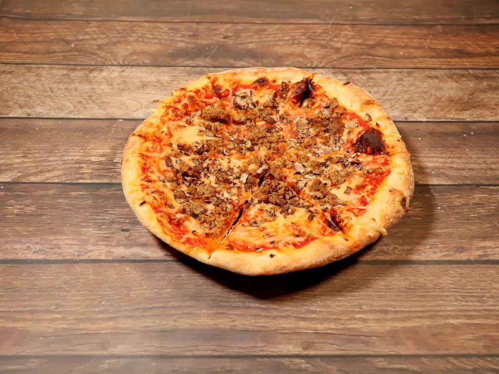 Sausage and Mushrooms Pizza · Red sauce, house-made seitan sausage, cremini mushrooms and vegan cheese.