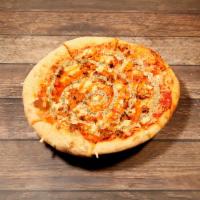 Buffalo Pizza · Red sauce, vegan cheese, buffalo cauliflower, almond ricotta dollops, ranch drizzle and chiv...