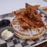 Chicken & Waffles AKA Bonnie & Clyde · Crispy Fried Chicken Tenders, Waffle, Powdered Sugar, Butter, Syrup