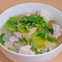 House Soup · Clear soup with glass noodles, tofu, napa and ground pork.
