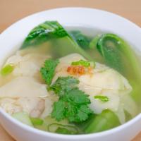 Wonton Soup · Pork and shrimp wonton, bok choy, served with clear broth soup.