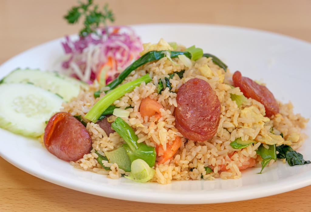 Thai Sausage Fried Rice · Fried rice with Chinese broccoli, egg, tomato, cilantro, onion and egg.