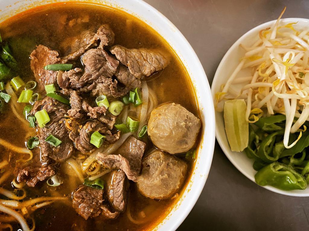 Beef Noodle Soup · Rice noodle soup with beef, bean sprouts, Chinese broccoli and cilantro.