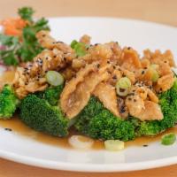 Sesame · Choice of meat with sweet and sour sauce served with broccoli and topped with sesame seeds.