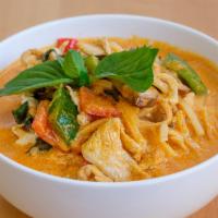Red Curry · Bamboo shoot, fresh basil, eggplants and bell pepper in coconut milk. Hot and spicy.