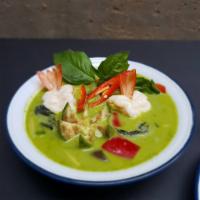 Green Curry · Eggplant, bamboo shoot, eggplant,fresh basil, and bell pepper in coconut milk. Hot and spicy.