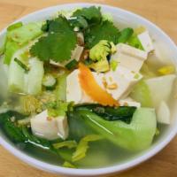 Vegetable tofu Soup  · Clear soup with tofu, mixed vegetable 