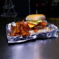 Bacon Cheese Burger Basket · Seasoned fries, bacon, cheese, house bread. Add sauce, lettuce, tomato, onions, pickles, and...