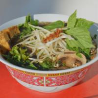 Vegan Pho Soup (Served Daily) · Fried tofu, mushrooms, and kale in a spiced vegetable broth. Served with rice noodles, bean ...