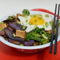 Veggie · Japanese eggplant, mushrooms, kale fried tofu. 