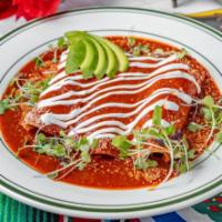Enchiladas · 3 pieces of corn rolled tortillas with filling of your choice and sauce of your choice toppe...