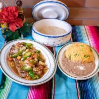 Carne Asada (USDA CHOICE Rib eye) · Al gusto. Your choice. Served with rice, beans, and tortillas.