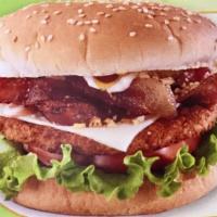 Pollo Crispy Hamburguesa · Crispy chicken, cheese, bacon crunched potato chips, lettuce, tomato ketchup, pink sauce, ma...