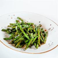 Dry Stirred Green Beans · Green beans, red chili peppers, spicy brown sauce