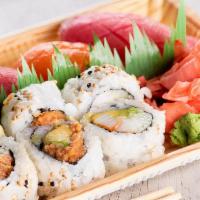 Nigiri Combo · Raw salmon, raw tuna, imitation crab, cucumber, ＆ avocado.