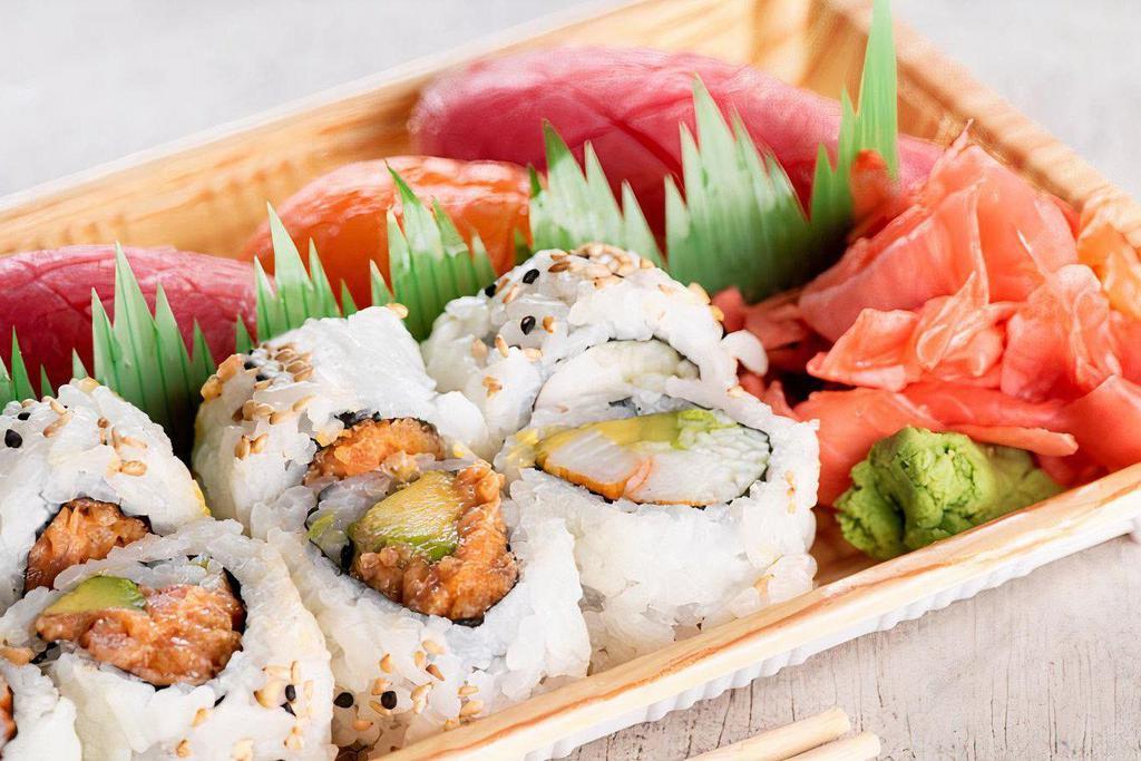 Nigiri Combo · Raw salmon, raw tuna, imitation crab, cucumber, ＆ avocado.