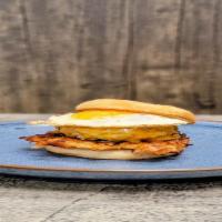 Breakfast Burger · A delicious breakfast burger with an egg and homemade hash browns, and American cheese.