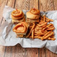 Ferryman Sliders · 3 mini burgers, sauteed onions and cheese.