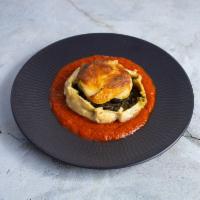 Roasted Vegetable Peasant Pies with Red Bell Pepper Sauce · Caraway pastry crust stacked with roasted vegetables and smoked mozzarella, served with red ...