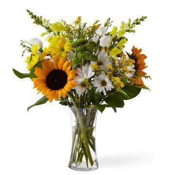 Hello Sunshine · Seasonal vase of garden flowers.