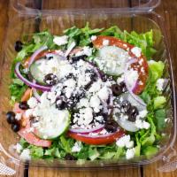 Greek Salad · Spring mix, tomatoes, black olives, cucumbers, onions and feta.