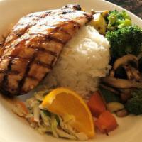 Teriyaki Chicken · Served with two choice of sides, Baked Potato, mashed potato, salad, Fruit, steemed veggies