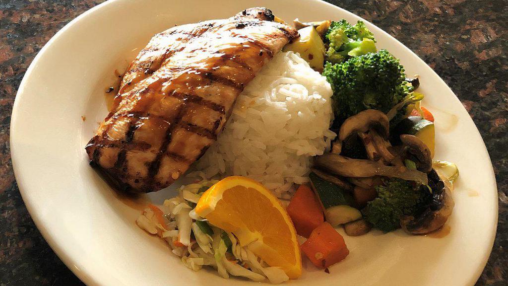 Teriyaki Chicken · Served with two choice of sides, Baked Potato, mashed potato, salad, Fruit, steemed veggies
