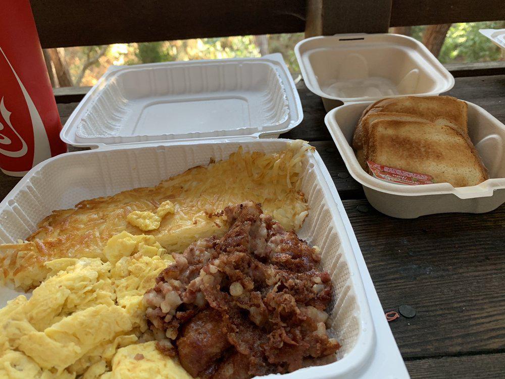 Corned Beef Hash & Eggs · Served with your choice of hash browns or country potatoes, toast, and pancakes or biscuit. 