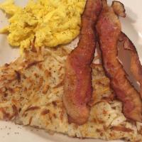 Bacon & Eggs · Served with your choice of hash browns or country potatoes, toast, and pancakes or biscuit. 
