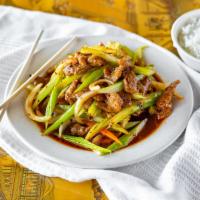 63. Shredded Beef Szechuan Style  · Marinated and stir fried. Hot and spicy.