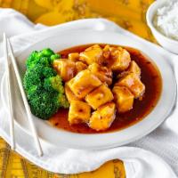 90d. General Tso's Tofu · Deep-fried with sweet and spicy sauce. Hot and spicy.
