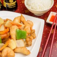 1. Sweet and Sour Chicken · Deep fried meat with sweet sour sauce, pineapple, green pepper, onion and carrots.